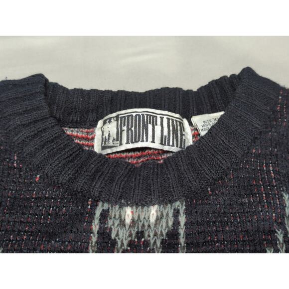 VTG Front Line Sweater Aztec Geometric Knit Black Red Made Hong Kong XL - Picture 9 of 11